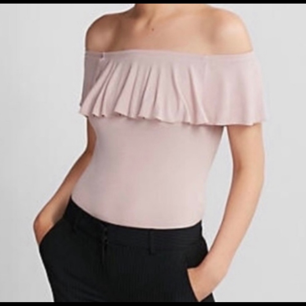 Express off the shoulder ruffle, thong bodysuit